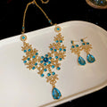Western Imperial Breeze Super Sparkle Rhinestone Flower Teardrop Stud Earring Necklace Set Women Clavicle Chain Light Luxury Premium Necklace