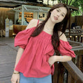 Summer Korean French Short Sleeve Off-Shoulder Boat Neck Loose Shirt + Camisole