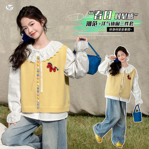 Girls' Peter Pan Shirt & Color Button Vest 3-Piece Set
