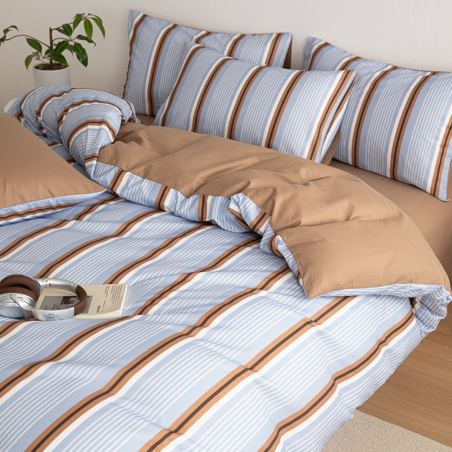 Orange Blue Fine Stripe Cotton 4-Piece Bedding Set - view 4