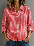 Spring-Summer Casual Long Sleeve Lapel Collar Plaid Loose Shirt