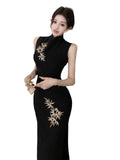 New Chinese Style Red Embroidered Cheongsam Bodycon Long Dress