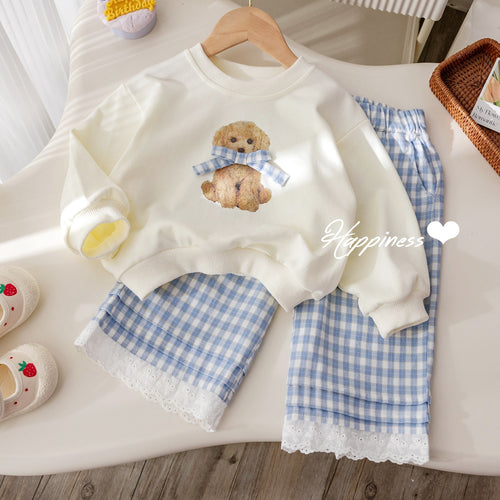 Girls' Bow Hoodie and Plaid Pants 2-Piece Set
