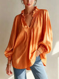 Casual Lantern Sleeve Long Sleeve V-Neck Ruffle Shirt