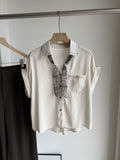 Summer Korean Casual Embroidered Short Sleeve Loose Cuffed Topstitched Shirt