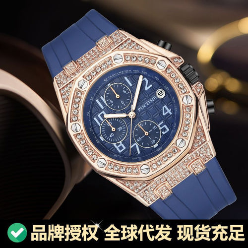 PINTIME / Item Time Watch Silicone Band Octagonal Design With Date Waterproof Rhinestone AliExpress Plaid Side Style
