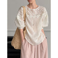Summer Korean Artistic Ramie Hollow-Out Neckline Shirt