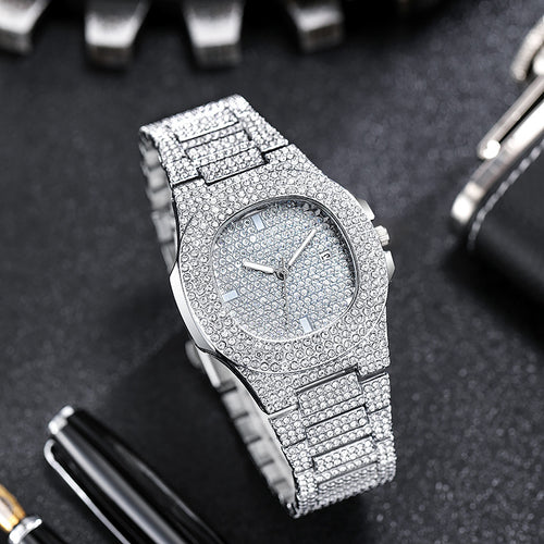 Western Hip-Hop Motif Fashionable Full Diamond Unisex Watch Square Large Gold Watch Fashionable Trendy Steel Band Quartz Watch