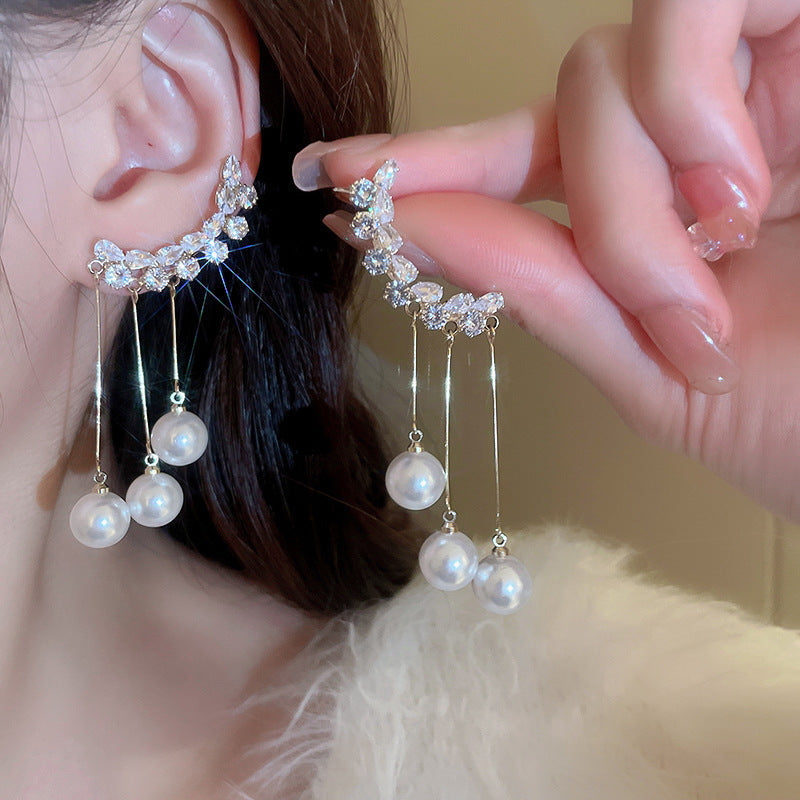 Pearl Flower Rhinestone Tassel Earrings - view 4