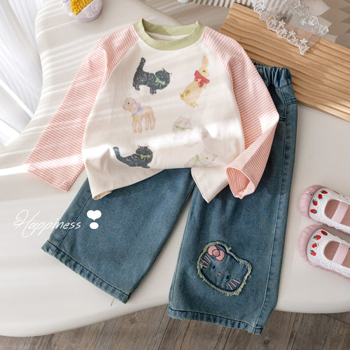 Girls' Cartoon Print Raglan Contrast Long Sleeve T-Shirt