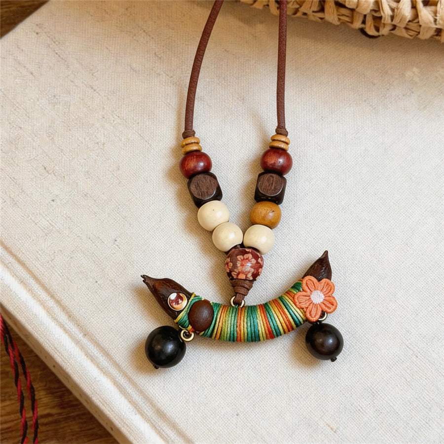 Bohemian Ceramic Bell and Wooden Pendant Necklace - view 9