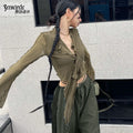 Women's V-Neck Tie Band Sheer Slim Top