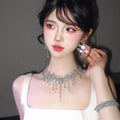 Korean Style ins Rhinestone Fan Shape Teardrop Stud Earring Necklace Set Niche Design Detail Clavicle Chain Personality Elegant Trendy Necklace
