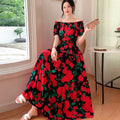 Rayon Floral Off-Shoulder Elastic Waist Bohemian Beach Dress