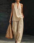 Summer Old Money Relaxed Linen Short Sleeve V-Neck Loose Wide Leg Pants + Top 2-Piece Set