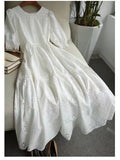 White Cotton Embroidered Puff Sleeve Dress, French Sweet Style