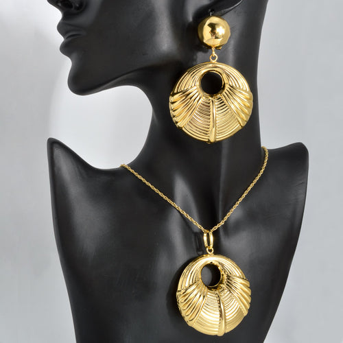 Vintage Breeze Personality Statement Ribbed Earrings Necklace Elegant Feel Copper Gold Plated Accessory 2-Piece Set Overseas Jewelry