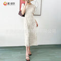 Pleated Fringe Short Sleeve Long Dress, Light Luxury Casual