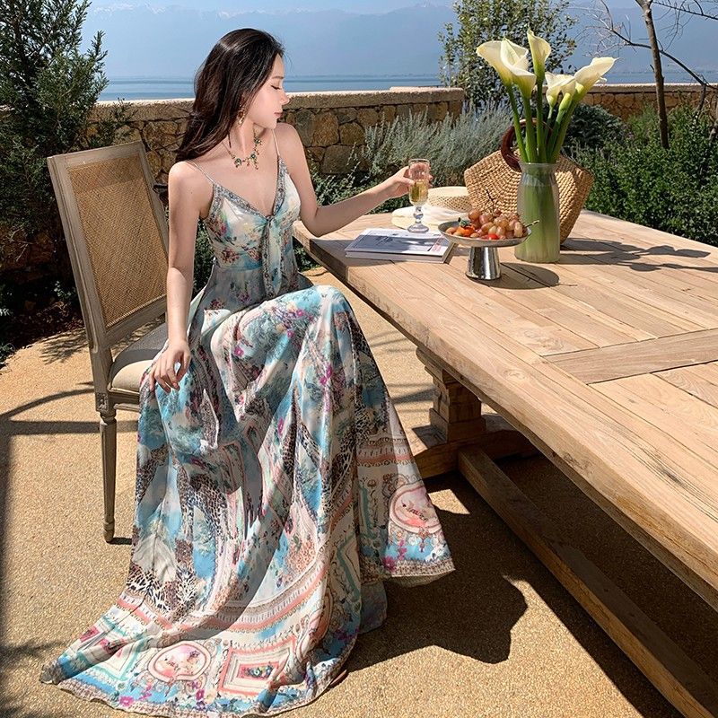 Bohemian V-Neck Camisole High Waist Big Swing Long Dress