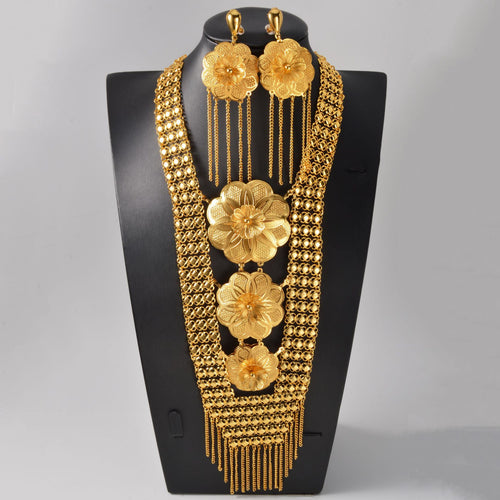 Dubai Middle East Flower Fringe Jewelry Africa Bride Wedding Gold Plated Necklace Earrings Set Ethnic Style Long Style Set Jewelry