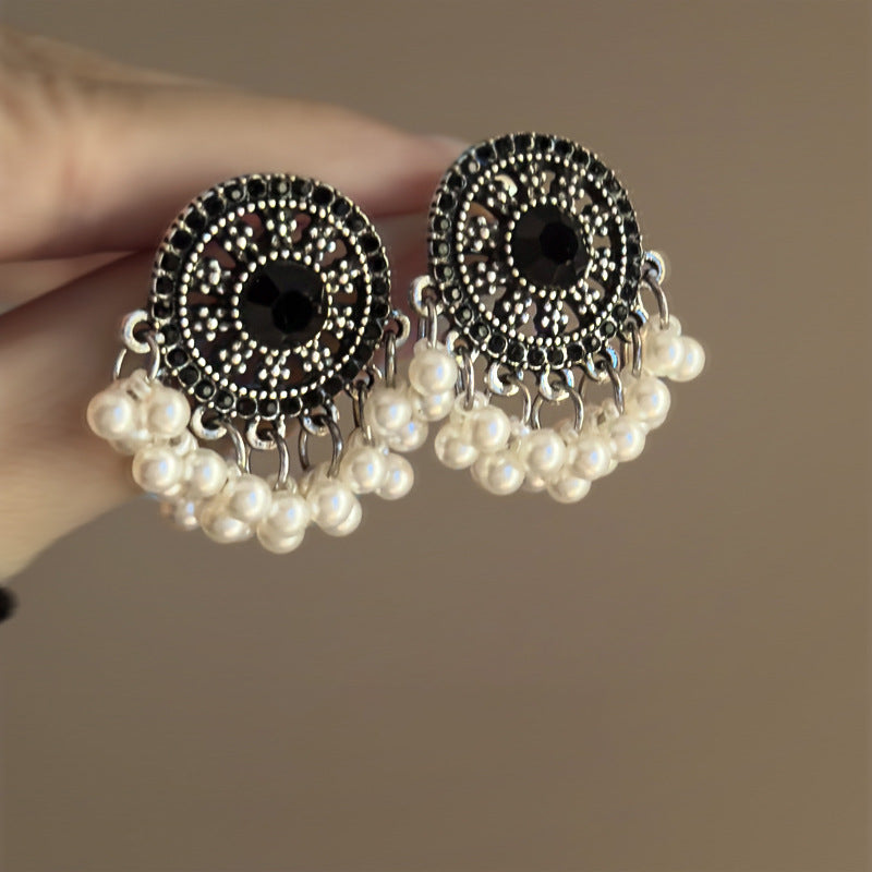 Pearl and Rhinestone Tassel Stud Earrings - view 6