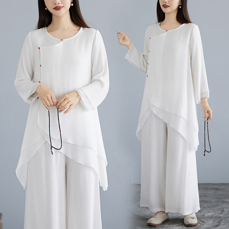 Women's Summer Zen Ethnic Wide Leg Pants + Top Set 2026 | Casual Wide Leg Trousers - White Set