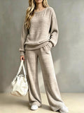 Fall-Winter Casual Fashion Knit Long Sleeve Wide Leg Pants + Top 2-Piece Set