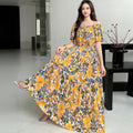 Rayon Floral Off-Shoulder Elastic Waist Bohemian Beach Dress