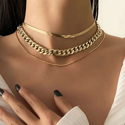 EU/US Import Accessory Simple Punk Breeze Chunky Chain Stripe Neck Choker Creative Snake Chain Set Necklace Women N6301