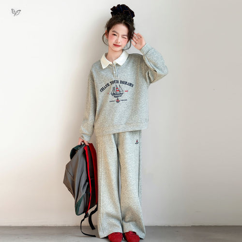 Girls' Embroidered Polo Sweatshirt & Wide-Leg Pants Set - Sports