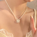 French Pearl Beaded Bow Clavicle Chain Necklace Influencer Women Design Detail Crystal Fresh Tweed Style Choker
