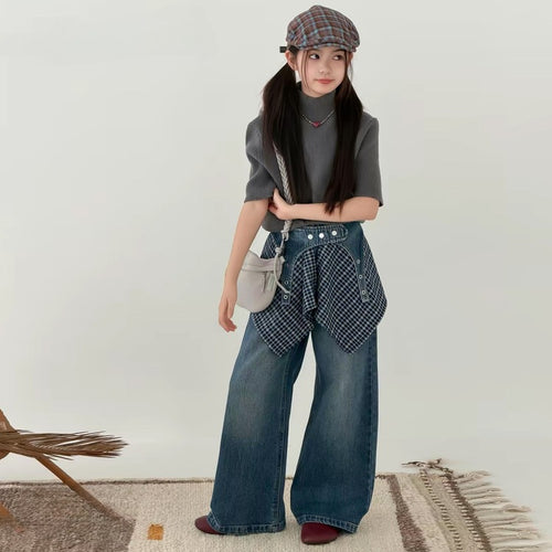 Girls' Plaid Diaper-Look Wide-Leg Jeans
