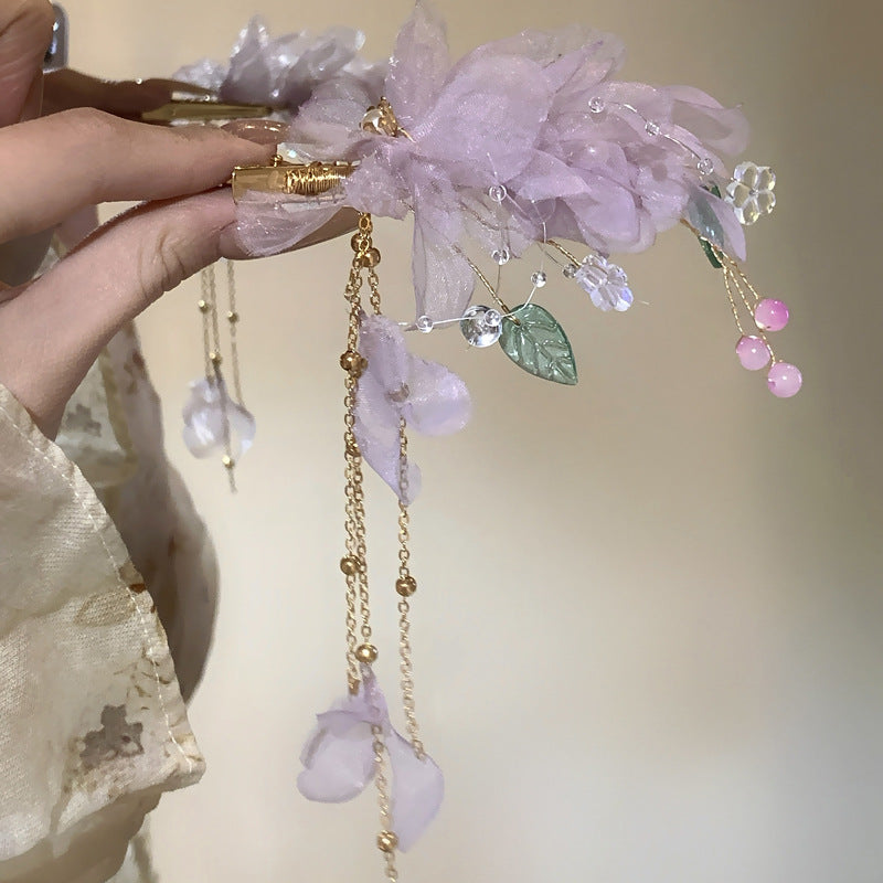 Fabric Pearl Flower Leaf Tassel Hair Clip - view 6