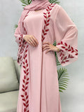 Turkish Style Pink Chiffon Plant Print Embroidered Long Dress