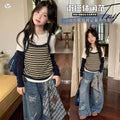 Girls' Faux Layered Striped Tee & Cartoon Jeans Set