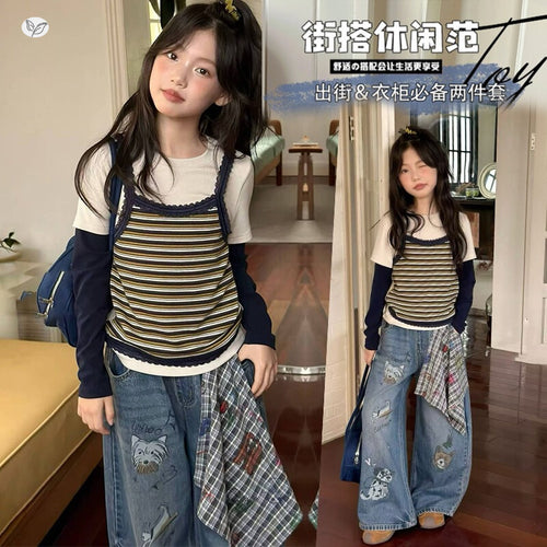 Girls' Faux Layered Striped Tee & Cartoon Jeans Set