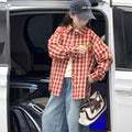 Girls' Retro Red Plaid Long Sleeve Shirt - Loose Fit