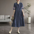 Washed Cotton Embroidered Drawstring Fitted Mid-Length Dress