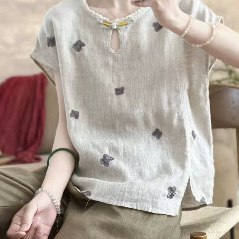 Women's Summer New Chinese Ethnic Linen Cotton Embroidered Short Sleeve Tee + Top 202 - Natural Linen