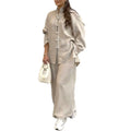 Women's Casual Linen Cotton Long Sleeve Stand Collar Frog Button Loose Shirt + Pants - Apricot