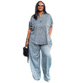 2026 Summer Fashion V-Neck Button Short Sleeve Shirt + Hollow-Out Wide Leg Pants Set