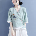 2025夏棉麻飞鸟衔花刺绣V领斜珠扣中袖上衣女中国风复古茶服小衫
