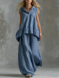 Spring-Summer Casual Fashion Linen Cotton Sleeveless Wide Leg Pants + Top 2-Piece Set