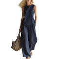 Old Money Style Linen Two-Piece Set - Sleeveless Print Top plus Wide Leg Pants