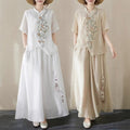 Summer New Chinese Plus Size Linen Cotton Embroidered Short Sleeve Drapey Wide Leg Pants + Shirt + Skirt Set