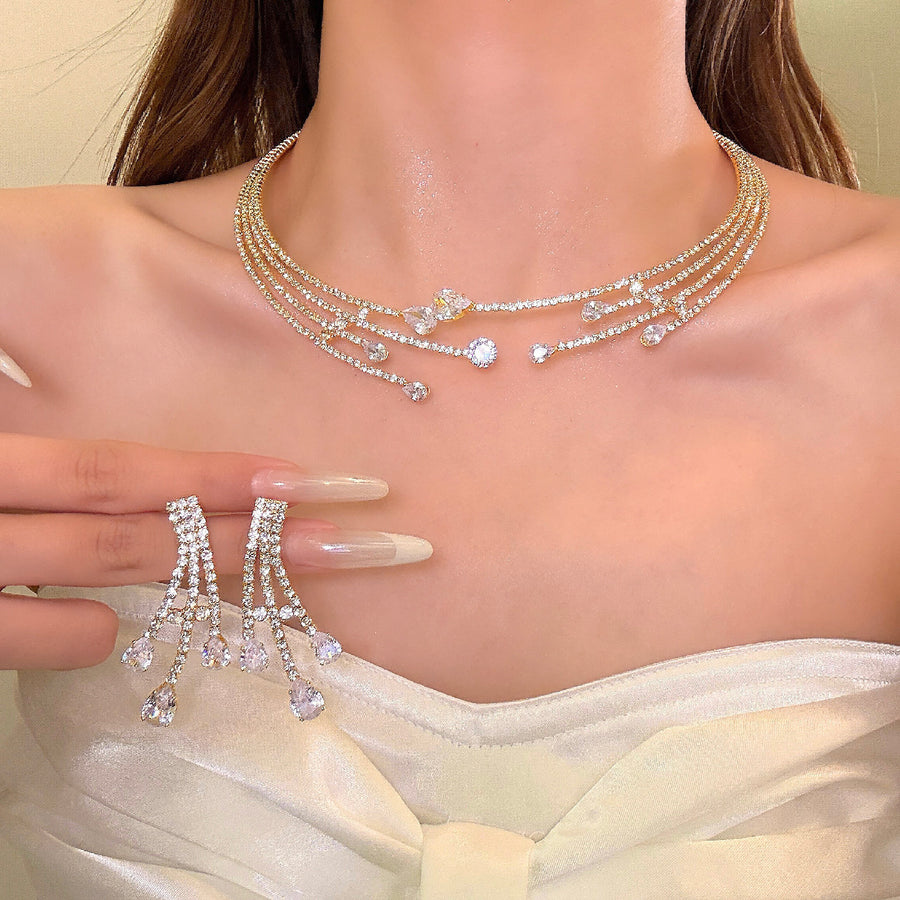 Sparkling Zircon Teardrop Jewelry Set – Multi-Layer Necklace and Earrings - view 6