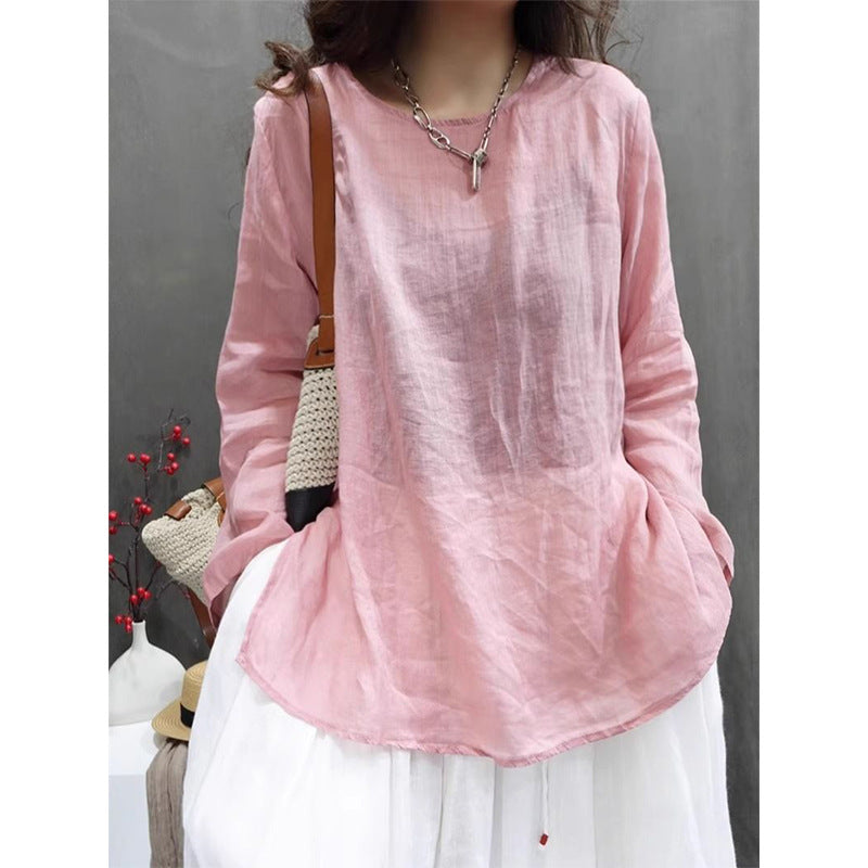 Women's Spring-Summer Artistic Linen Cotton Long Sleeve Crew Neck Lightweight Loose T - Black