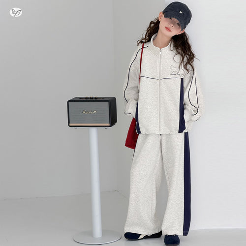 Girls' Stand-Collar Jacket & Wide-Leg Pants Set
