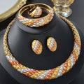 Middle East Bride Bead Gem Jewelry Set Moon Design Diamond Grid Pattern Relief Necklace Bangle Earrings Ring 4-Piece Set