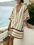Bohemian Print V-Neck Loose Beach Dress, Summer Sun Protection
